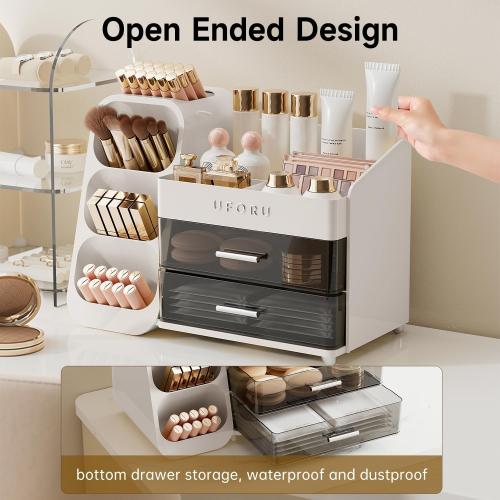 Color White Makeup Organizer for Vanity with Brush Holder, Countertop Organizer with 2 Drawers, Spacious Cosmetic Display Case for Beauty Essential, Skincare, Lipstick