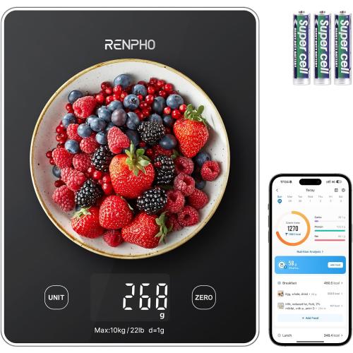 RENPHO Digital Kitchen Scale, Smart Food Weight Scale with Nutritional Calculator, Gram Scale for Weight Loss Cooking Baking Keto Macro Diet, Black Glass, 22lb/10kg