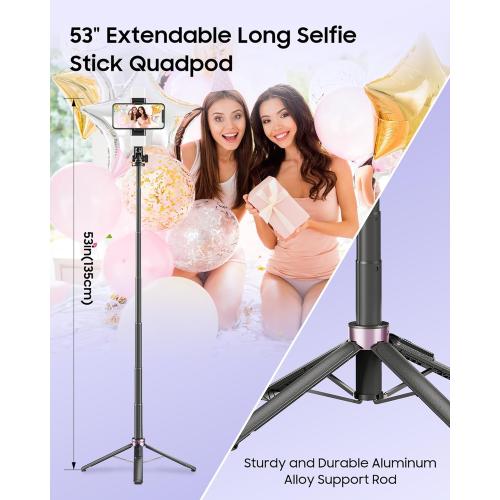 53'' Selfie Stick Tripod with Light, Enhanced 4-Leg Cell Phone Stand Camera Tripod with Rechargeable Wireless Remote & 2 Fill Light, Portable Selfie Stick Travel Essentials for iPhone Android