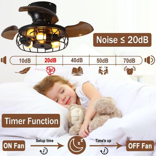 21.6'' Retractable Ceiling Fans with Lights Caged Farmhouse Ceiling Fan Lights with Remote Control and APP, Rustic Industrial Ceiling lamp Black Fixture for Living Room Bedroom Kitchen, A