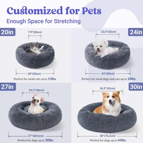 Beds for Indoor Cats, 20 inches Cat Bed Machine Washable, Fluffy Round Pet Bed Non-Slip, Calming Soft Plush Donut Cuddler Cushion Self Warming for Small Dogs Kittens, Dark Grey, Medium
