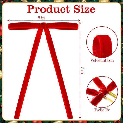 24 PCS Velvet Christmas Tree Bows，Christmas Wreath Bows,Rustic Crafts Gift Bows for Christmas Tree Indoor Outdoor Decoration(3/8'' Wide, 5 * 7 inch) (Red)