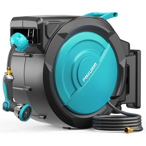 1/2 160FT Retractable Garden Hose Reel - POXURIO Heavy Duty Automatic Wall Mounted Hose Reel Upgraded UV Resistant, 3/4 Brass Fitting, 10 Pattern Nozzle, 180° Swivel&Any Length Lock Slow Retraction