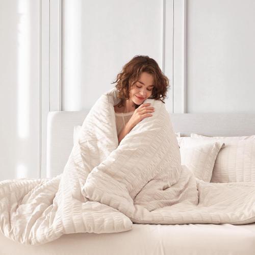 Beige Queen Size MUXHOMO 7 Pieces Queen Comforter Set, Seersucker Bed in a Bag Queen Size, All Season Luxury Bedding Set with Comforter, Flat Sheet, Fitted Sheet, Pillowcases & Shams, Beige