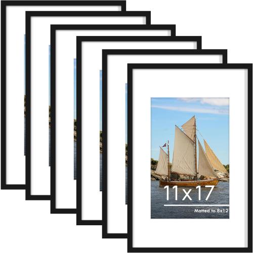 PEALSN 11x17 Picture Frame Set of 6, Display Pictures 8x12 with Mat or 11 x 17 without Mat for Wall Mounting Display, Photo Frames Collage for Wall Decor, Black.