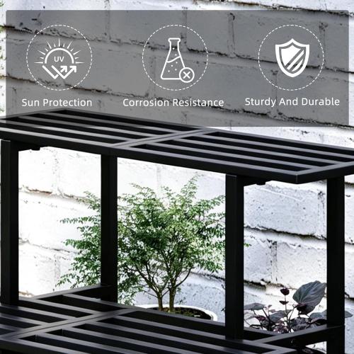 Heavy Duty Plant Stand Indoor Outdoor, Foldable Metal Plant Shelf for Multiple Pots, Mid Century Slatted Bench for Patio Garden, 2 Tier Black