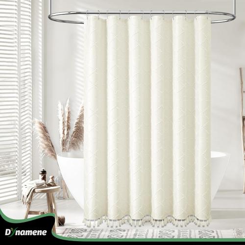 Dynamene Extra Long Shower Curtains, 84 Inches Long Boho Tufted Geometric Striped Fabric Shower Curtains for Bathroom, Tall Shabby Chic Waterproof Cloth Shower Curtain Set with Hooks, Cream, 72x84
