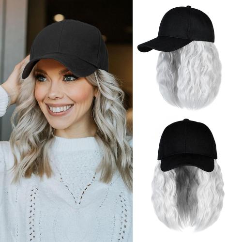 Hat Wig for Women Baseball Cap with Hair Extensions Adjustable Hat Attached 15 Short Curly Hairpieces Synthetic Wig Silver Gray