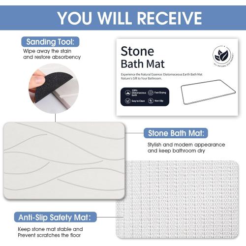 Stone Bath Mat Diatomaceous Earth Shower Mat Non-Slip Super Absorbent Diatomite Stone Bath Mats for Bathroom Floor Quick Drying Natural Easy to Clean(23.6''×15.4 White)