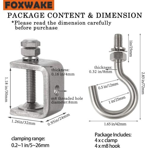 1 3/16 In Stainless Steel Small C Clamps  Heavy Duty Metal Threaded Hanging Screw Hook/Open Cup Bolt Hook, With Stable Wide Jaw Opening&Protective Pad/I-Beam Design (4PCS)