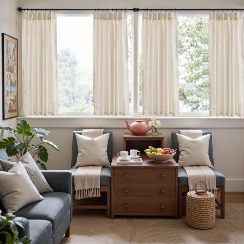 jinchan Pinch Pleated Linen Blend Curtains 54 Inch 2 Panels Light Filtering Modern Farmhouse Back Tab Drapes for Living Room Bedroom Beige