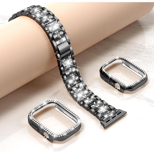 Mosonio Compatible with Apple Watch Band 38mm 40mm 41mm 42mm 44mm 45mm 46mm 49mm with 2 Pack Case Women, Jewelry Replacement Metal Bands Strap with Bling PC Protective Case for iWatch Ultra SE Series 11/10/9/8/7/6/5/4/3/2/1