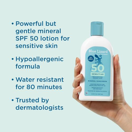 Blue Lizard SENSITIVE Mineral Sunscreen with Zinc Oxide, SPF 50 , Water Resistant, UVA/UVB Protection with Smart Bottle Technology - Fragrance Free, 8.75 oz.