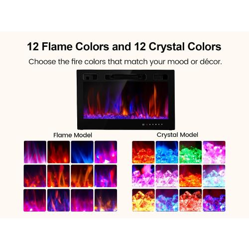 Electric Fireplace Insert 36 Realsmart 1500W Wall Mounted Fireplaces Recessed Heaters Remote Control Slim Black Fireplace Touch Screen Timer 12 Flame Colors LED Decor Low Noise