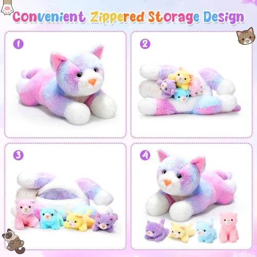 Skylety 5 Pieces Cat Stuffed Animal with Babies Inside Belly Pregnant Cat Plush Mommy Kitty with 4 Cute Fluffy Stuffed Kittens Easter Birthday Surprise Gifts(Colorful)