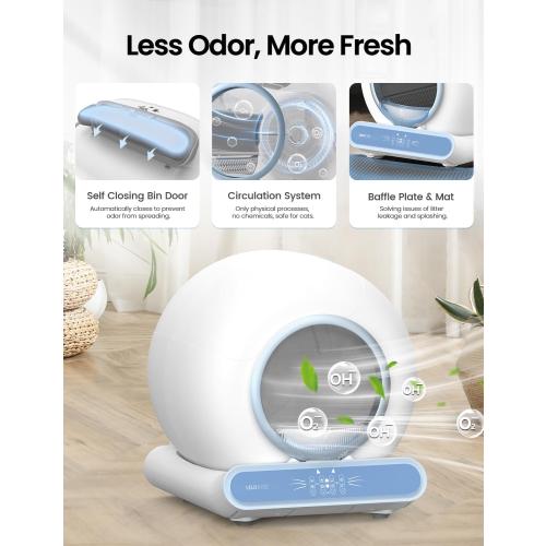 Self Cleaning Litter Box, Integrated Safety Automatic Cat Litter Box Self Cleaning 65L 9L for Multiple Cats, App Control, Odor Removal, Includes Mat & Liner (3 Rolls) - Blue