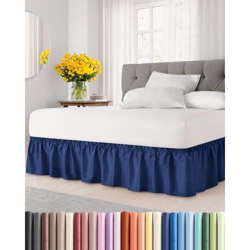 Wrap Around Dust Ruffle Bed Skirt, Queen Size - 14 Inch Drop, Navy Blue