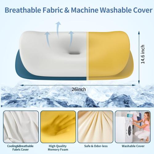 White and Blue Cervical Neck Pillow for Pain Relief - Ergonomic Memory Foam Contour Pillows for Side, Back & Stomach Sleepers, Cervical Pillow for Neck Support Sleeping with Breathable Cover