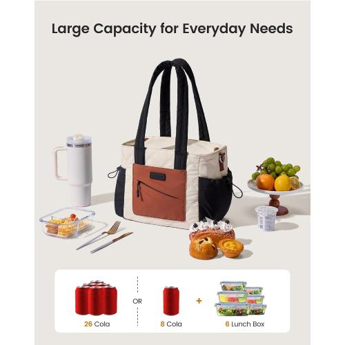 LOVEVOOK Lunch Box for Women, Quilted Insulated Lunch Bag Tote with 40oz Water Bottle Holder, Large Leakproof Cooler Bag for Women with Shoulder Strap, Work Office Nurse Teacher Picnic Travel