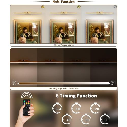 Joosenhouse Battery Operated Picture Light, Wireless Gallery Light with Remote Control and Dimmable Timer Off Function, Rechargeable Painting Art Light, 23.23 Inch Brass Wall Sconce