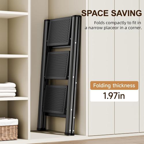3 Step Ladder,Folding Step Stool with Widen Anti-Slip Pedals,Sturdy Carbon Steel Ladder,Convenient Handrail Heavy Duty,Step Stools for Adults Kitchen (Black Color)