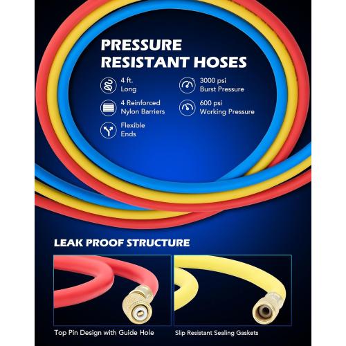 Orion Motor Tech AC Vacuum Pump and Gauge Set, 1/3 hp 4 cfm Vacuum Pump Manifold Gauge Kit with Leak Detector 3 Hoses & Accessories for R134a R12 R22 R502, A/C Vacuum Pump Kit for Auto HVAC Systems