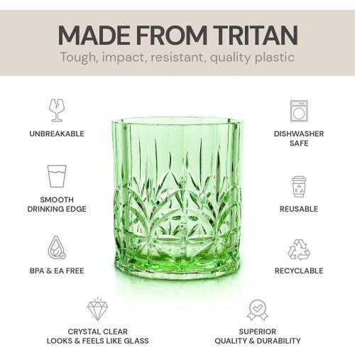 BELLAFORTE Shatterproof Tritan Plastic Short Tumbler, Set of 4, 13oz - Myrtle Beach Unbreakable Crystal Cut Old Fashioned Drinking Glasses for Whiskey - BPA Free - Dishwasher Safe - Green