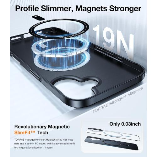 TORRAS Magnetic Slim-Fit for iPhone 16 Case 6.1 inch, Ultra-Thin 16 Phone Case Compatible with MagSafe Phone 16 Case, Light Anti-Scratch Matte Hard PC Bayer OriginFit, Black