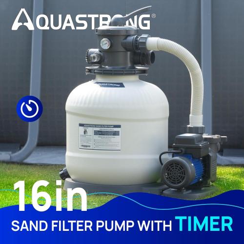 AQUASTRONG 16in Sand Filter Pump for Above Ground Pool with Timer, 3/4 HP Pool Pumps Above Ground 3800 GPH for Pools up to 16000 GAL, Pool Filter with 6-Way Valve, Improved Circulation and Filtration