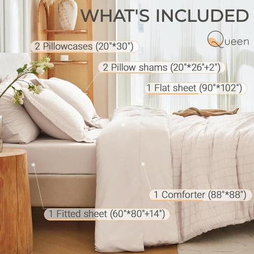 Beige Queen Size MUXHOMO 7 Pieces Queen Comforter Set, Seersucker Bed in a Bag Queen Size, All Season Luxury Bedding Set with Comforter, Flat Sheet, Fitted Sheet, Pillowcases & Shams, Beige