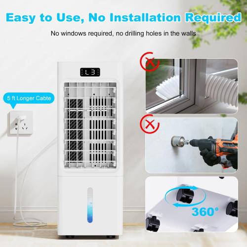 Evaporative Air Cooler, 6L Windowless Portable Air Conditioners, 4-IN-1 Swamp Cooler with 4 Ice Packs, 4 Modes & 3 Speeds, Auto Oscillating, 12H Timer, 17FT Remote, Cooling Fan for Office, Home