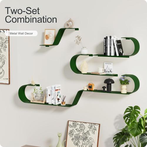 Green Floating Shelves Set of 3, Green Metal Decor, Unique Mounted Floating Shelf, Modern Long Wall Shelf, Large Wall Shelves for Bedroom, Bathroom, Living Room