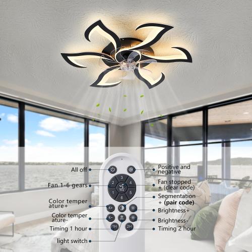 Black Flower Modern Ceiling Fans with Lights, Low Profile Ceiling Fan with Remote for Bedroom, 32inch Flush Mount Ceiling Fan with LED Dimmable Light,6-Speeds, Timing Ceiling Fan Light