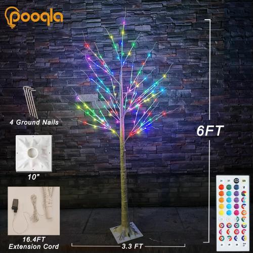 Pooqla 6 ft 120 LED Christmas Lighted Birch Tree, Color Changing Light Up Tree with Remote, White Lighted Birch Trees for Indoor Outdoor Christmas Party Home Yard Decoration RGB