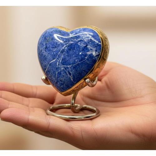 eSplanade Brass Mini Cremation Urn Heart-Shaped Keepsake Memorial Jar Pot Container | Small Urn for Funeral Ashes Burial | Stone Textured Keepsake with Stand | Blue - 2.75 Inches