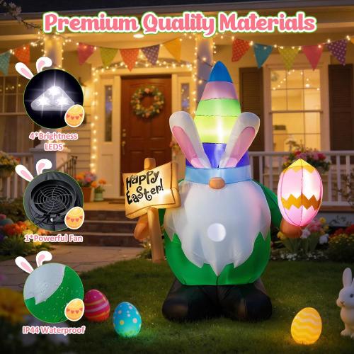 Dawdix 4.6 FT Easter Inflatable Gnome Outdoor Decoration, Blow Up Rabbit Gnome Holding Eggs with Built-in LEDs for Lawn Yard Garden Decor