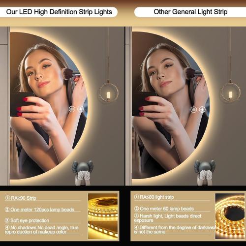 Size 32×16 Half Moon LED Mirror for Bathroom, LED Vanity Mirror with Anti-Fog, Backlit Bathroom Mirror with Lights, Irregular Round Smart Mirror with Dimmable 3-Color Lights,Tempered Glass