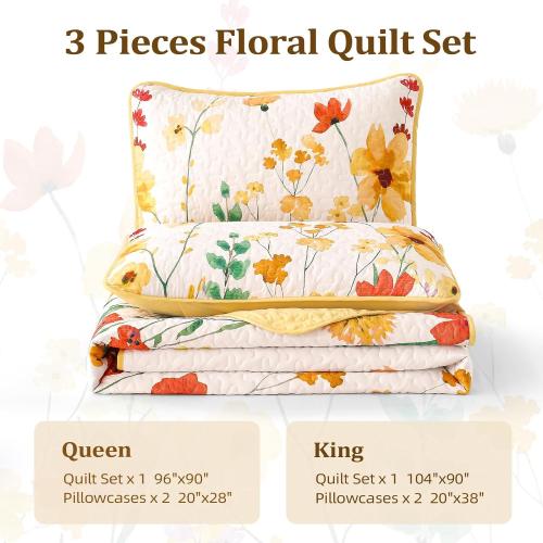 Anibedding Quilt Set Queen Size, Yellow Floral Reversible Bedspread Soft Microfiber Lightweight Queen Size Quilt Bedding Sets Reversible Coverlet for All Season(Queen, 96x90)