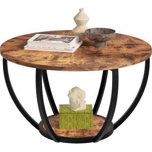 HOMERECOMMEND 28 Round Coffee Table with Storage,2-Tier Wood Accent Center Table for Living Room,Sofa Table for Home Office, Brown