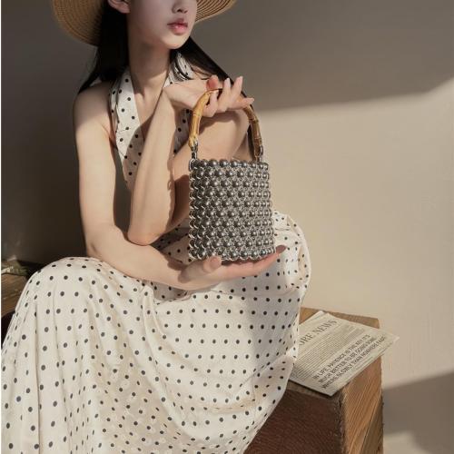 Women's Pearl Beaded Bag Natural Bamboo Handle Purse Handbag for Summer Vacation and Formal Evening Prom