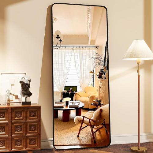 64x21 Full Length Mirror, Full Body Rounded Corner Rectangle Mirrors with Stand, Standing or Leaning Metal Framed Floor Mirror, Wall Mounted Mirrors Hang Horizontally or Vertically, Black