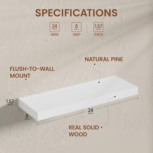 Heimlove Wooden Floating Shelves for Wall, White Pine Shelves Set of 2, 24 in Rustic Wood 8 Inch Deep Floating Shelf with Invisible Brackets for Bedroom Kitchen Living Room - Classic White