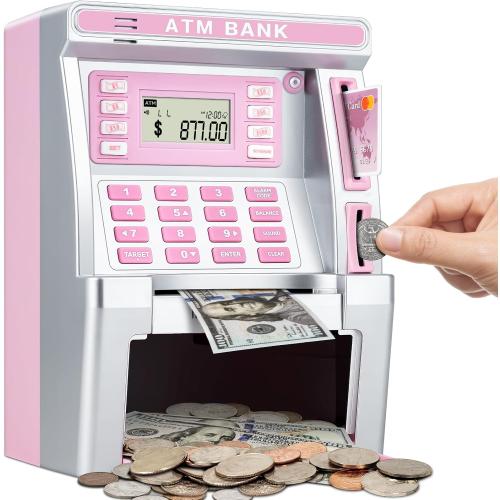 BAODLON Pink Piggy Bank for Kids, ATM Machine Bank for Real Money with Debit Card, Bill Feeder, Coin Recognition, Balance Calculator, Electronic Savings Safe Box, Cool Stuff Toys Gifts for Teen Girl