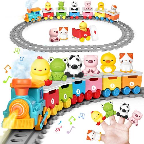 Learning Toy for Toddlers 1-3, Electric Toys Trains with Lights, Music & Steam, Counting, Matching & Sorting Montessori Toy with 6 Animal Finger Puppets, Birthday Xmas Gifts for Baby Boys Girls 12-18M