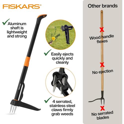 Fiskars 4-Claw Stand Up Weed Puller Tool, Gardening Hand Weeding Tool with 39 Long Ergonomic Handle with Easy-Eject Mechanism