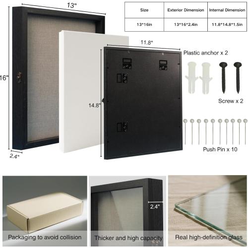 13x16 Nature Wood Black Shadow Box Frame, 1.57 Deep Glass Door with Lock | Solid Hardwood, Front Glass Door & Lock, Linen Back, Hidden Mounts, Perfect for Wedding Flowers, Pictures & Memory Box