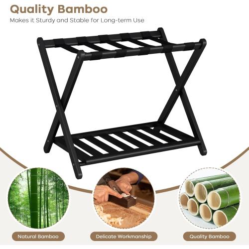 2 Pack Fully Assembled Black Luggage Racks, Bamboo 26.77 Folding Suitcase Stand for Guest Room with 5 Nylon Straps, Heavy Duty, Upgraded Luggage Rack Holder with Shelf for Bedroom Hotel