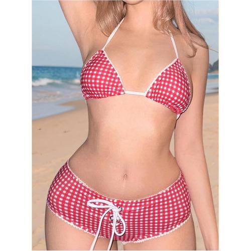 Size M Women's 2 Piece Plaid Bikini Set Gingham Halter String Triangle Bathing Suit Cheeky Swimshorts Swimsuits