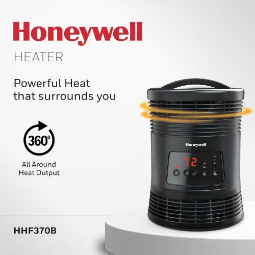 Honeywell HHF370B 360 Degree Surround Fan Forced Heater with Surround Heat Output Charcoal Grey Energy Efficient Portable Heater with Adjustable Thermostat & 2 Heat Settings , Black
