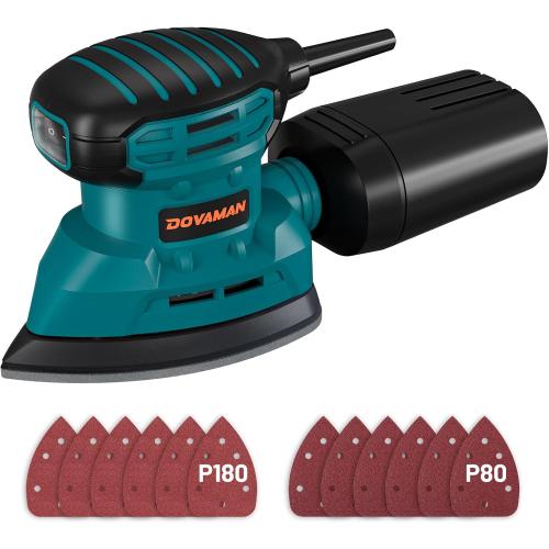 DOVAMAN DLS03A Detail Sander, 130W Palm Sander Tool, Dust Collection System, 12PCS Sandpaper, 12000RPM Compact Hand Sander for Wood Steel Surfaces